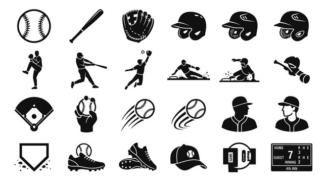 Detailed baseball gameplay and athletic equipment silhouette set.