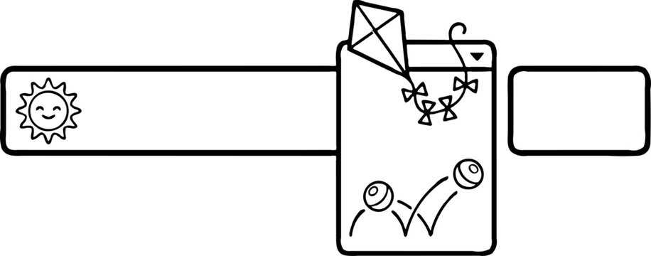 Playful black and white illustration with a smiling sun, kite, and bouncing balls, ideal for children's designs.
