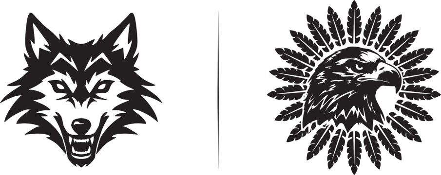Detailed black and white of a snarling wolf head and an eagle head surrounded by a circular pattern of feathers, isolated