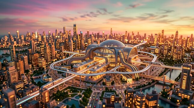 Futuristic Smart City Transportation Hub with Monorail System and Skyline at Sunset