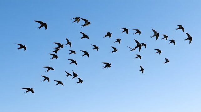 Group of Swallows Flying Across Blue Sky with Soft Clouds in Natural Outdoor Scene