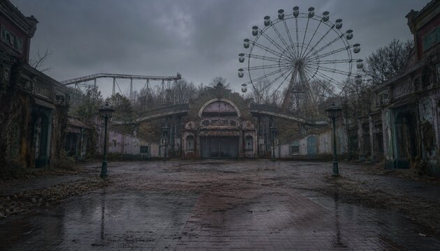 Abandoned amusement park with ferris wheel under stormy sky