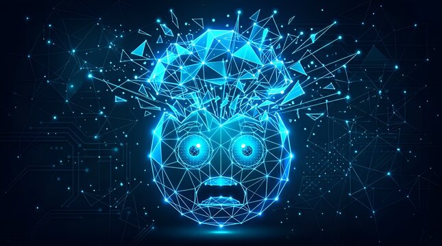 Abstract digital human head exploding with glowing polygonal mesh, representing big data overload and cyber panic