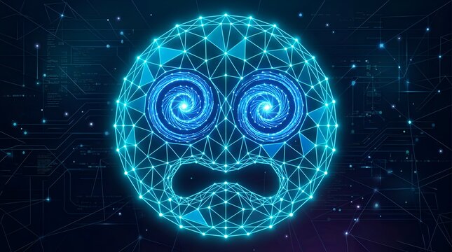 Abstract digital intelligence grappling with information overload and network complexities, depicted as a glowing geometric entity expressing confusion within a futuristic cyberspace