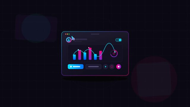 Interactive data analytics dashboard interface with glowing neon charts and graphs