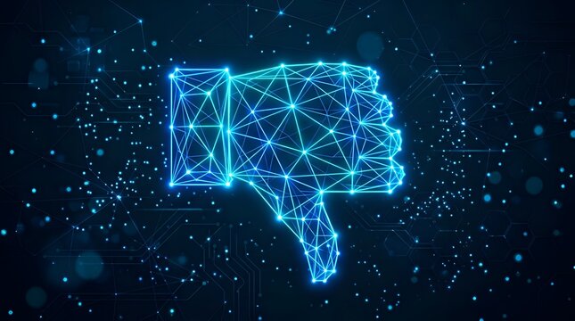 Futuristic Digital Thumbs Down Gesture with Blue Glowing Wireframe Network and Data Particle Background