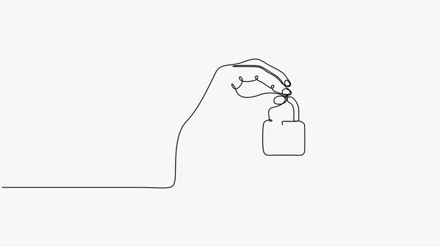 Continuous line art animation of hand holding padlock security concept vector