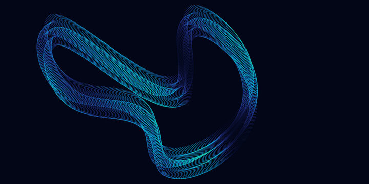Flowing blue and teal spirograph curves form a glowing looping ribbon on dark navy, ideal for technology backgrounds.