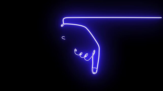 Neon blue continuous line art animation of hand pointing down gesture