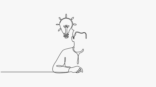 Continuous line art animation of man thinking with idea light bulb