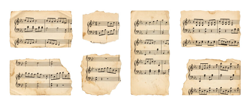 Set of antique aged vintage musical sheet manuscript fragments featuring handwritten staff lines, musical notes and torn yellowed paper. Modern graphic asset on white background template display.