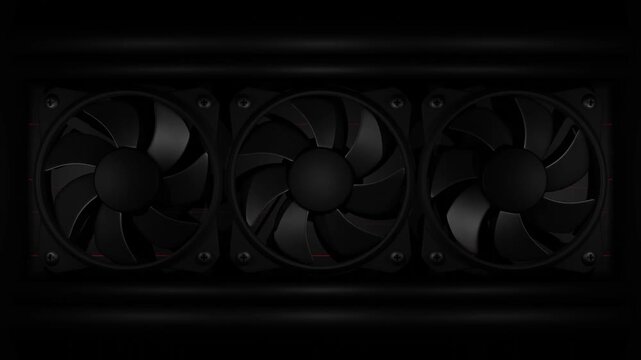 Looping animation of three black cooling fans spinning seamlessly inside a dark computer system
