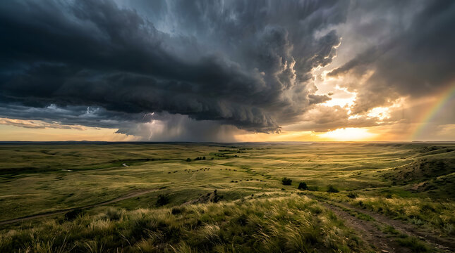 Dramatic storm clouds and rainbow over vast rolling hills.