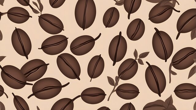 Seamless Coffee Bean Pattern Background. Scattered Roasted Brown Coffee Beans and Leaves Illustration for Cafe, Drink, and Food Concepts.