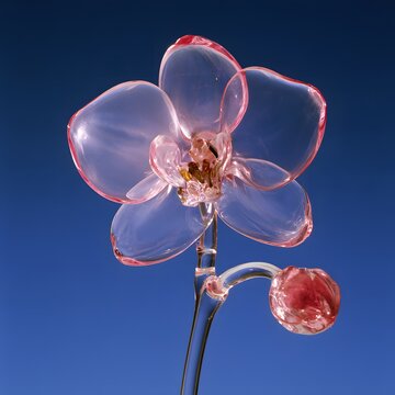 Transparent Pink Orchid Flower with Glass Like Petals Against Blue Background