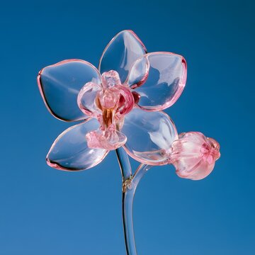 Transparent Pink Orchid Flower with Glass Like Petals Against Blue Background