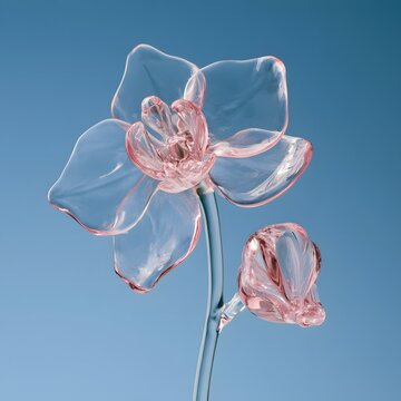 Transparent Pink Orchid Flower with Glass Like Petals Against Blue Background