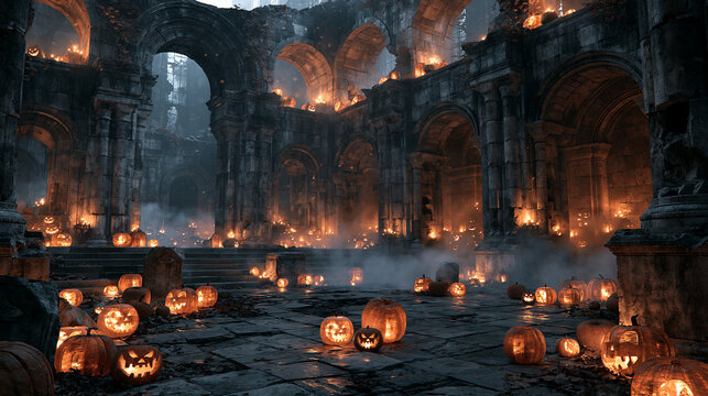 Eerie illuminated carved jack o lanterns glowing brightly inside ancient medieval stone castle ruins during night