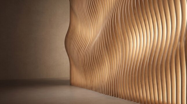 Parametric curved oak wood acoustic slat wall in modern corporate auditorium for business conference presentation