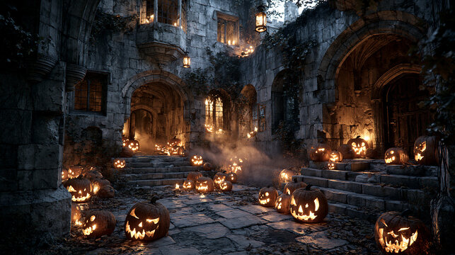Spooky carved Halloween pumpkins glowing brightly inside an ancient medieval stone castle courtyard at night