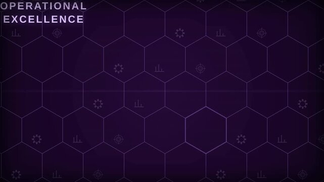 Operational excellence concept background banner with hexagonal grid pattern, business management efficiency icons, dark purple futuristic design