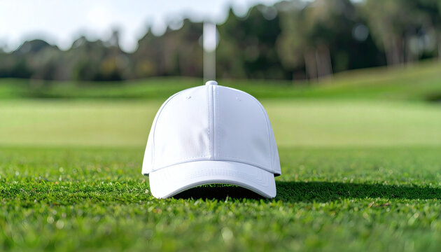 Blank white baseball cap sitting on green golf course grass with blurred background in bright natural outdoor sunlight setting