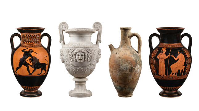 Archaeological collection of ancient Greek and Roman terracotta ceramic amphora vases, clay oil urns and black figure painted historic. Modern visual element on white background template display.