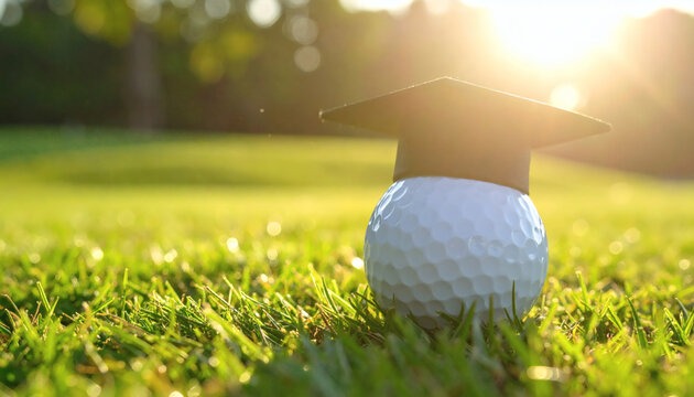 Golf ball wearing a graduation cap sitting on green grass during a sunny day representing academic sports achievement success