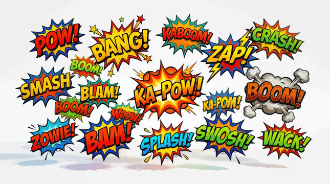 Comic book onomatopoeia bubbles with clouds on white background.