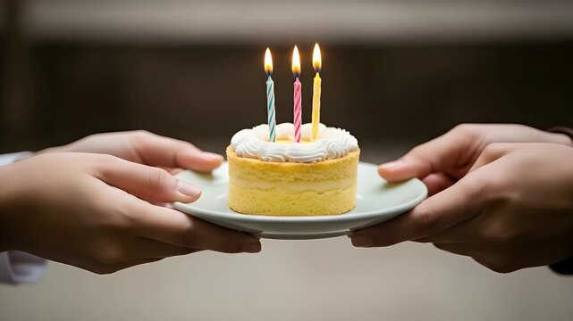Miniature celebratory cake with lit birthday candles presented on a small plate by two hands signifying a special occasion moment