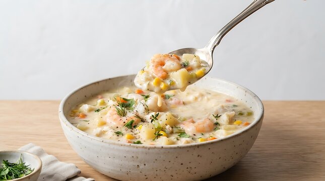 A spoonful of creamy shrimp and corn chowder in a rustic ceramic bowl.
