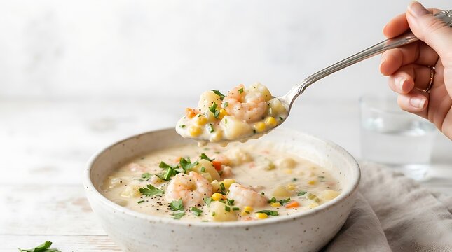 A hand holding a silver spoon with creamy seafood chowder and shrimp over a bowl.