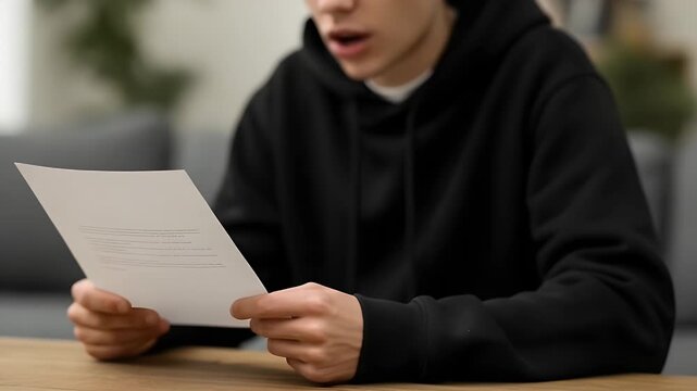 Young person in a black hoodie intently reading an important document, showing an expression of surprise and perhaps disappointment while processing the information.