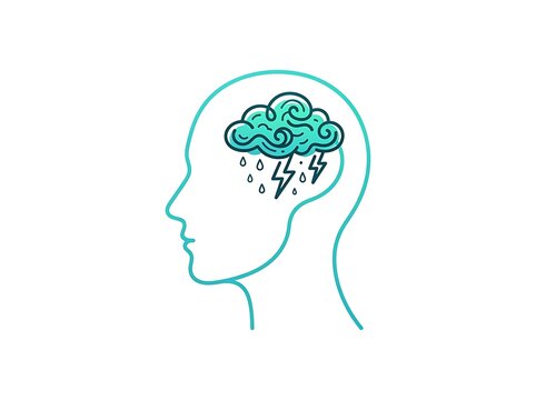 Minimalist line art illustration of a human head profile with a storm cloud inside representing mental health struggles.