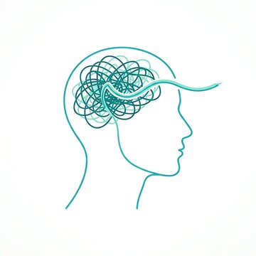 Abstract illustration of a human head silhouette with a tangled brain representing mental health and confusion.