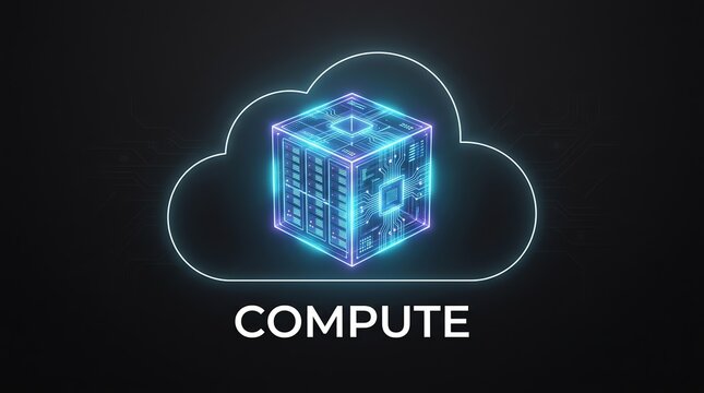 Abstract glowing data server cube encapsulated within a cloud graphic, symbolizing modern computing power and digital technology infrastructure