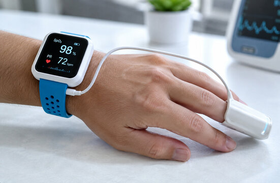 Person wearing a digital wrist pulse oximeter device with a finger probe displaying blood oxygen saturation and heart rate levels on a screen stock photo   