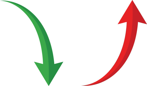 Red arrow pointing up and green arrow pointing down isolated on white background
