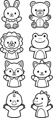 Obraz premium Cute Animal Hand Puppets Bunny Bear Lion and Dragon Outline Vector Icon Set 