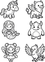 Obraz premium Mythical Magical Creatures Unicorn Griffin Mermaid and Fairy Outline Vector Icon Set 