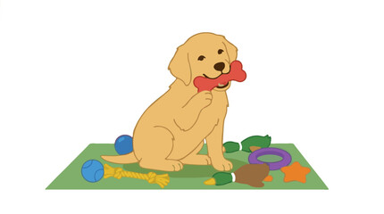 Fototapeta premium Flat design vector illustration of a golden retriever puppy with a bone toy surrounded by colorful dog toys on a green mat
