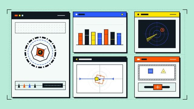 Dynamic 2D Vector UI Dashboard with Tactical HUD Elements and Data Graphs
