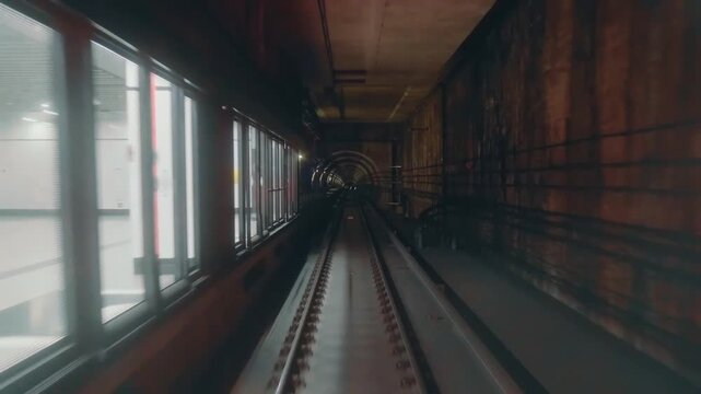 Traveling through dark underground metro or subway tunnel