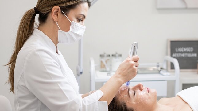 Female cosmetologist in face mask, with silver microneedling pen over forehead gel, performing skin rejuvenation treatment, modern aesthetic clinic room, cosmetology photography