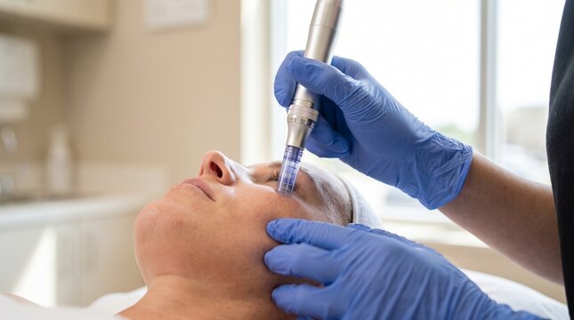 Microneedling device needle tip, with blue gloved hands supporting face and gliding pen, executing precision facial mesotherapy, illuminated clinic interior, clinical photography