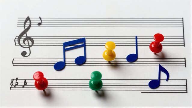 Colorful pins mark notes on musical sheet, symbolizing creativity and organization.