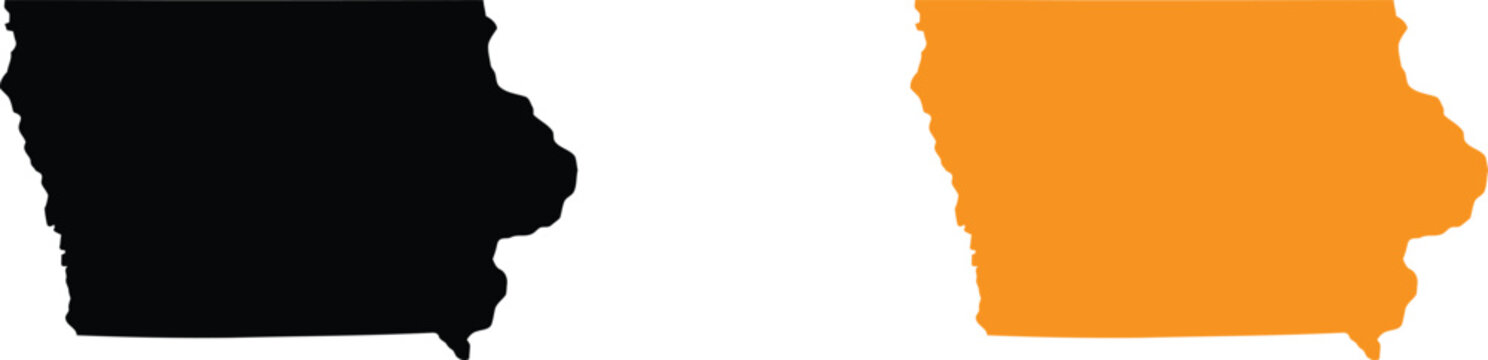 Black and orange silhouette map shapes of the us state of iowa isolated on a white background