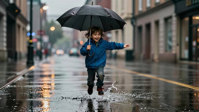 Child joyfully runs through rain with umbrella, splashing water on wet street.