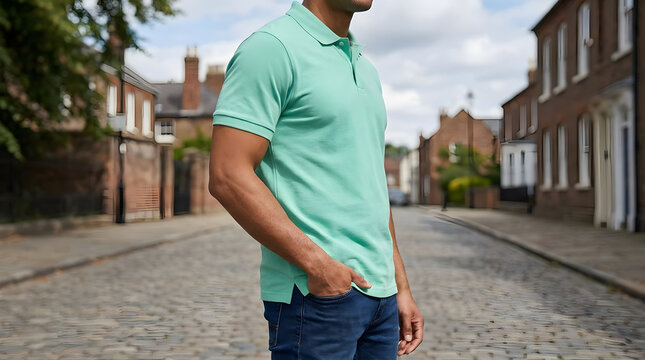 Man wearing light green polo shirt in urban street.