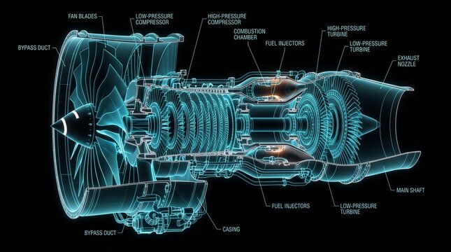 Technical blueprint schematic of jet engine cutaway with labelled components.